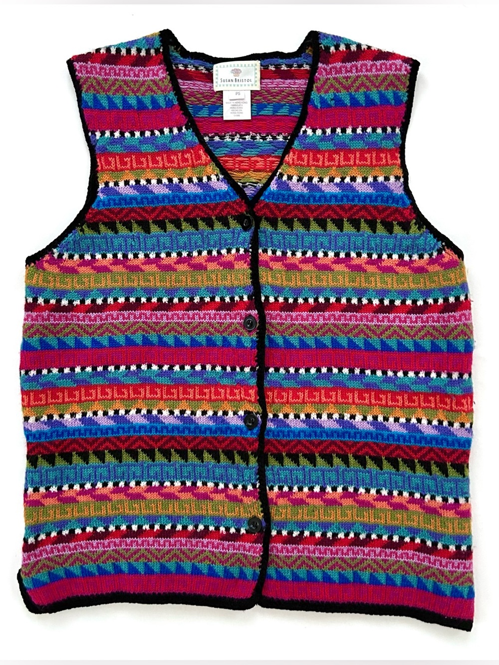 Vintage 90s Susan Bristol Southwestern Wool Blend Buttoned Multicolor Vest Sz PS